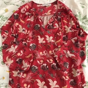 LOFT tie-neck mixed media top, M